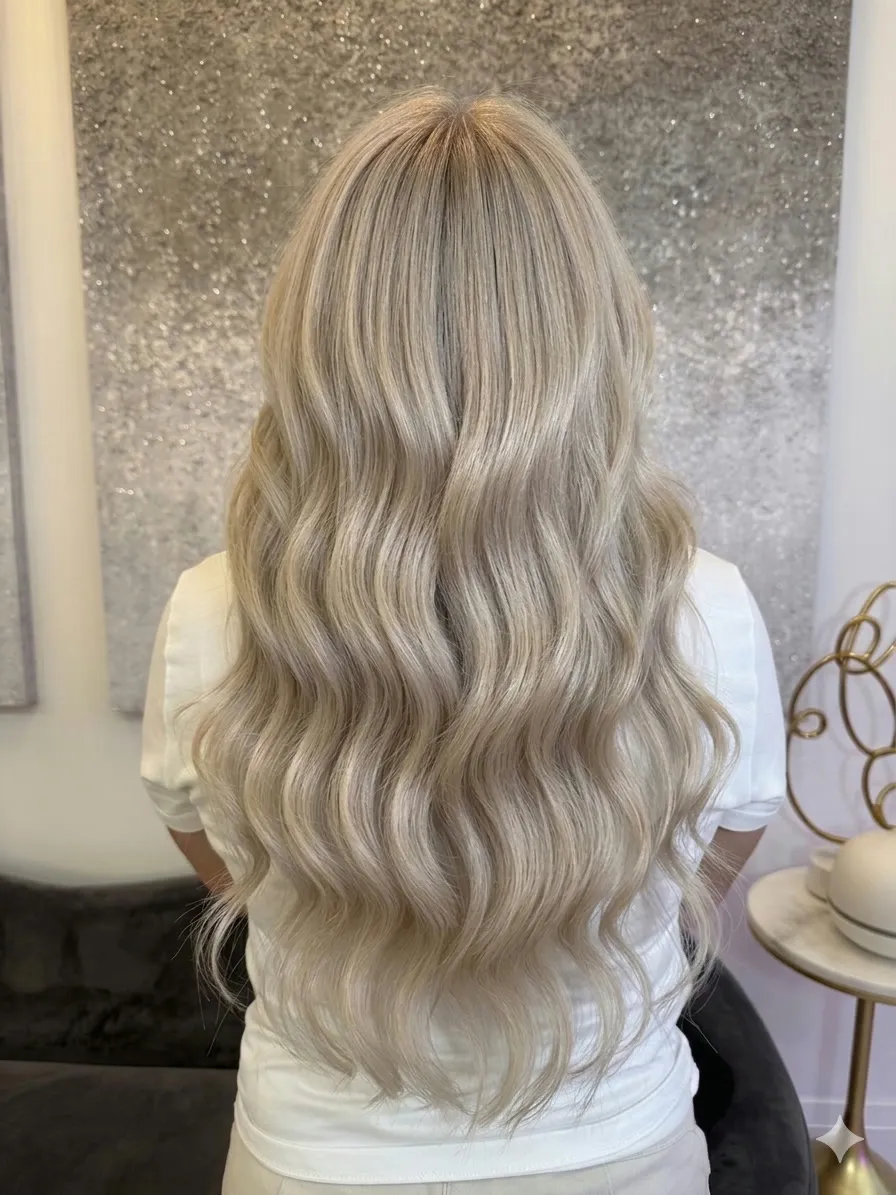 Long creamy blonde waves, an AI-generated image