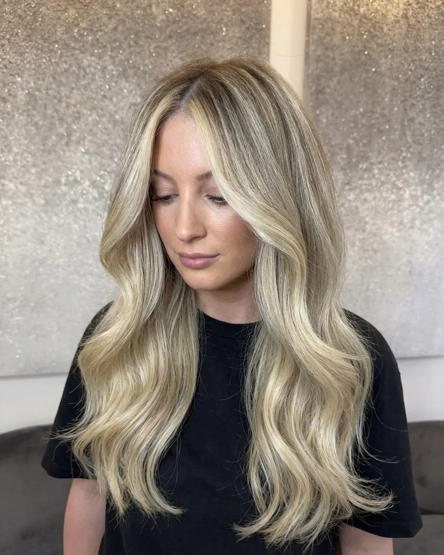 Soft blonde balayage with bright face-framing pieces by Ronak Hairstylist in Toronto